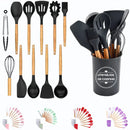 Kit 12 Utensílios De Cozinha Talheres Cabo Madeira E Pote