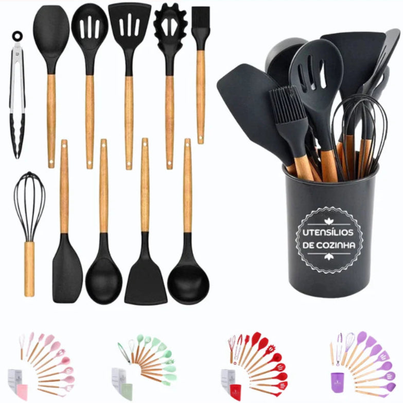 Kit 12 Utensílios De Cozinha Talheres Cabo Madeira E Pote