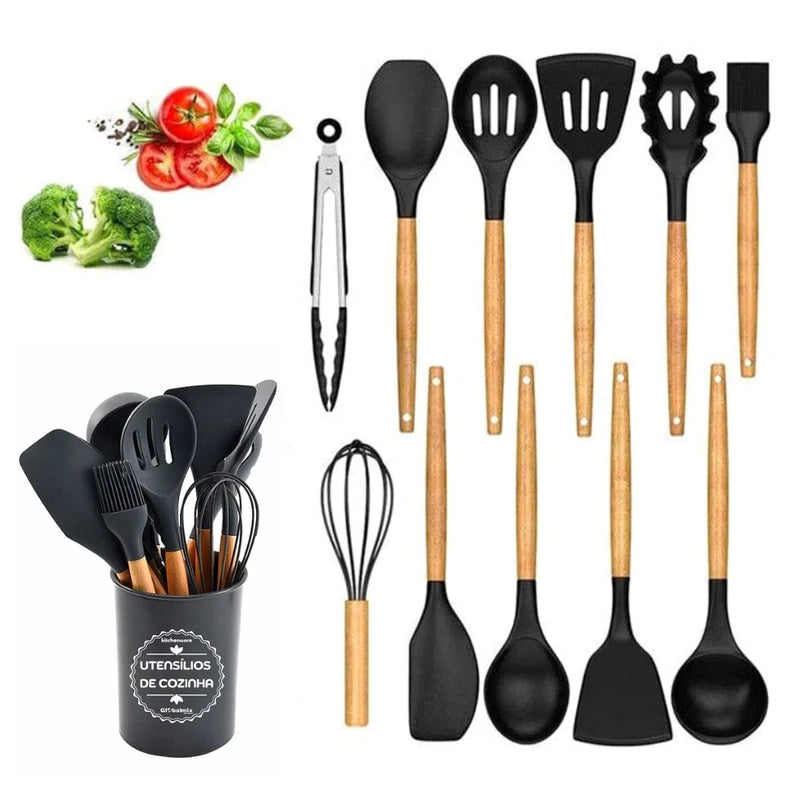 Kit 12 Utensílios De Cozinha Talheres Cabo Madeira E Pote