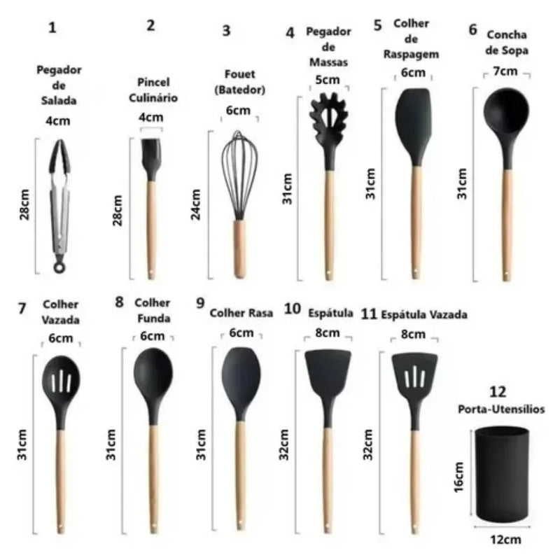 Kit 12 Utensílios De Cozinha Talheres Cabo Madeira E Pote