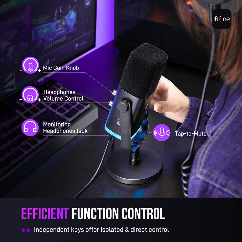 Fifine microfone dinâmico usb/xlr com controle rgb/jack de fone de ouvido/mudo, microfone para gravação de jogos de pc streaming AmpliGame-AM8